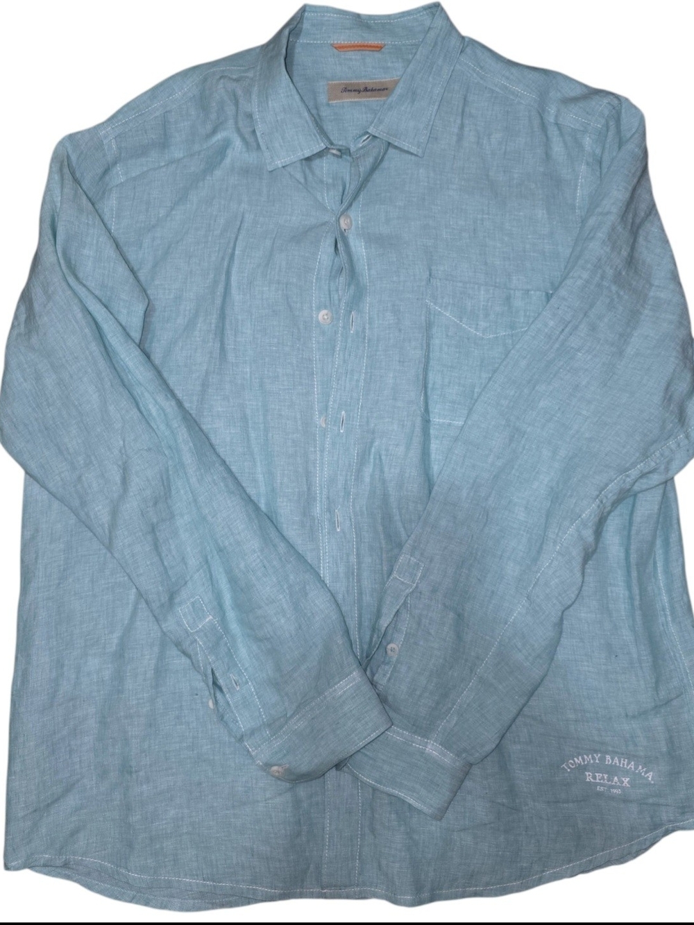 Tommy Bahama Blue 100% Linen Button-Front Shirt Men XL Relax Long Sleeve Pockets